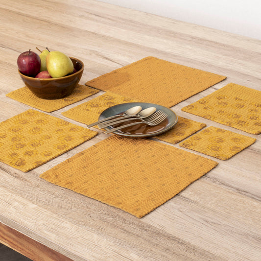 Printed Fray Handmade  Kantha Coasters - Golden (Set of 2)