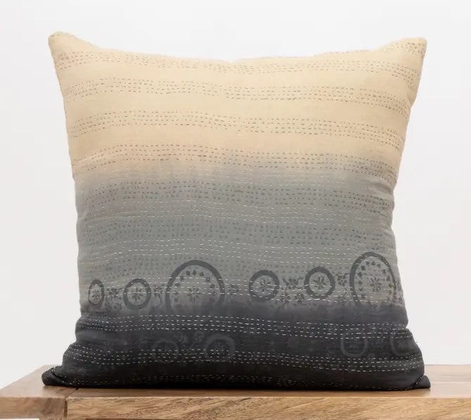 Cotton ombre vintage kantha cushion Gray with yellow stone