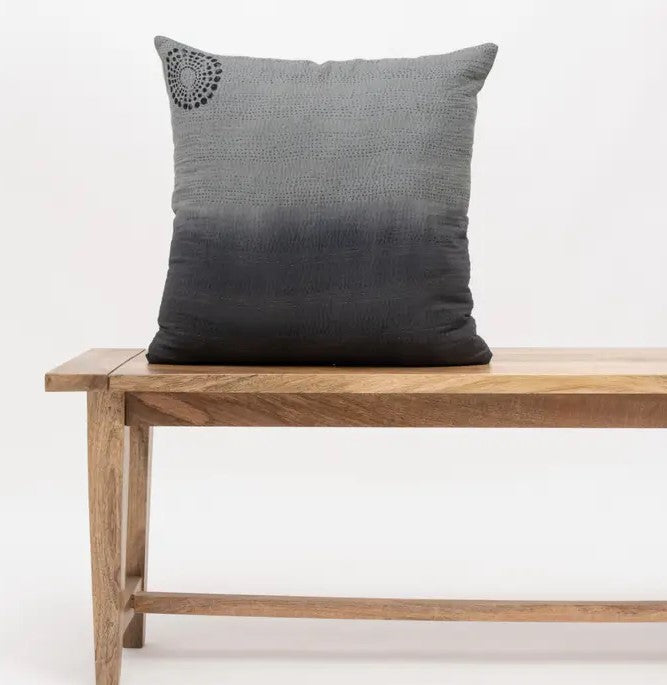 Cotton ombre vintage kantha cushion Gray with yellow stone