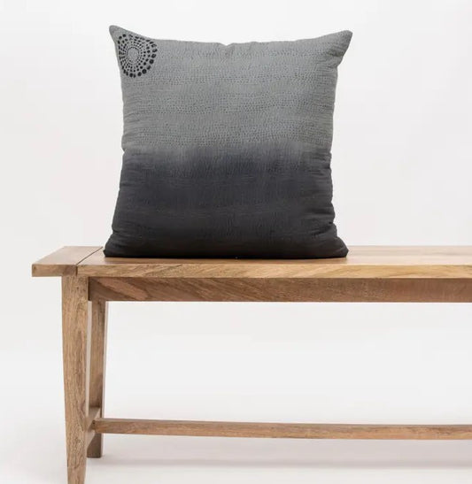 Cotton ombre vintage kantha cushion Gray with yellow stone