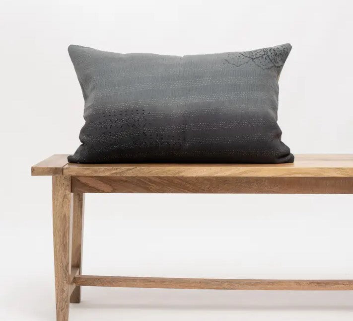 Cotton ombre vintage kantha cushion Gray with yellow stone