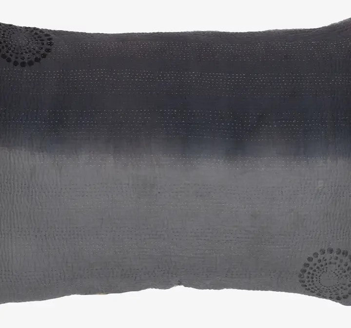 Cotton ombre vintage kantha cushion Gray with yellow stone