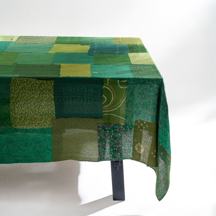 Printed Fray Patch Cotton Kantha Table Cover - Green