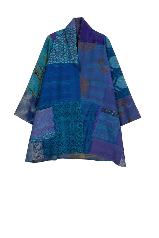 GEORGETTE VINTAGE SILK PATCH KANTHA A-LINE JKT - gs2003-blu -