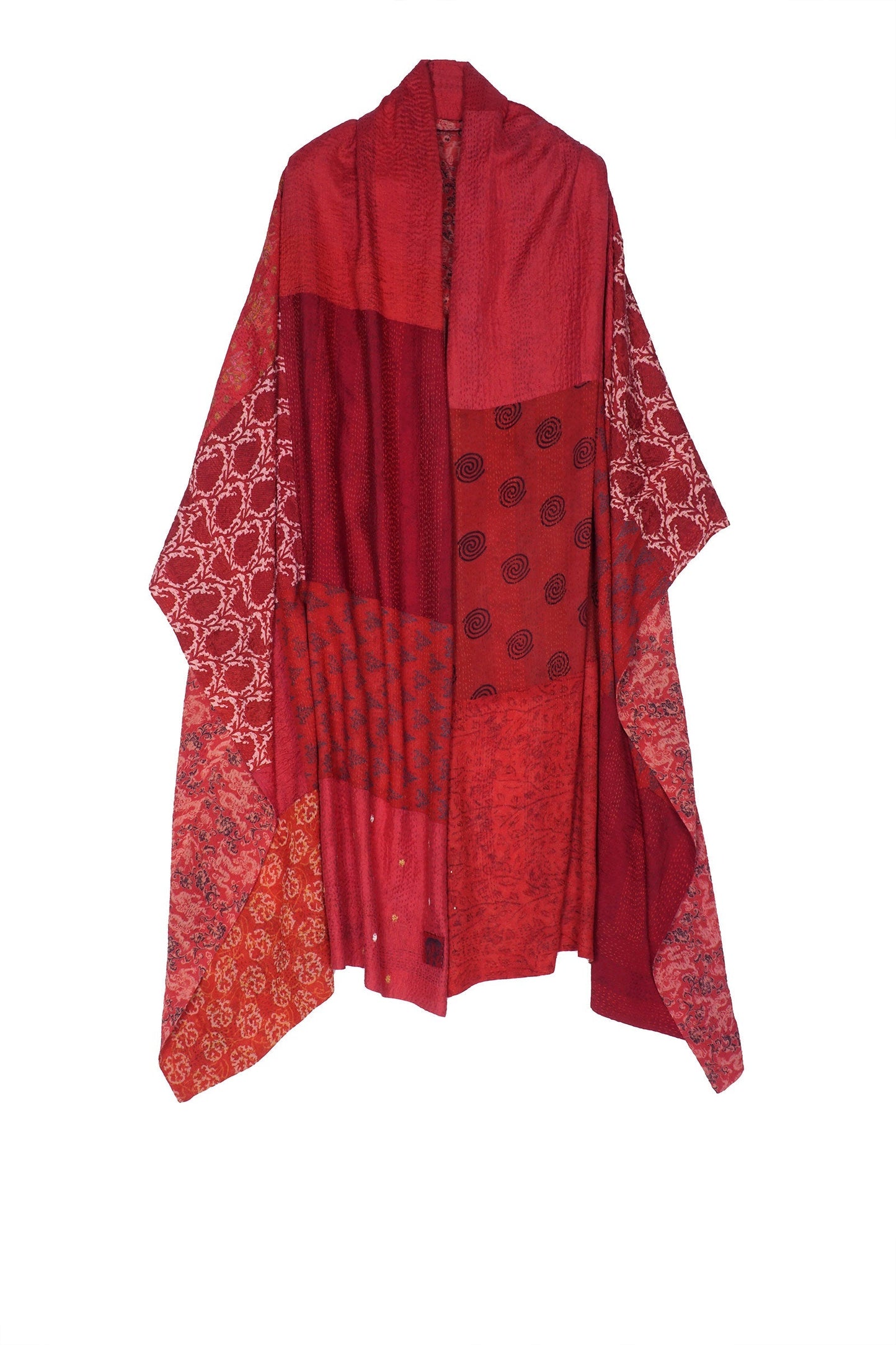 GEORGETTE VINTAGE SILK PATCH KANTHA SHAWL LARGE - gs2803-red -