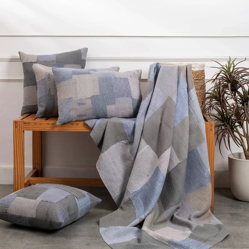 Mosaic Fray Patch Handmade Vintage Kantha Quilt -Hydrangea