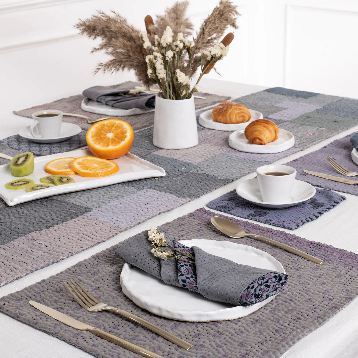 Mosaic Fray Handmade Vintage Kantha Placemat -Hydrangea (SET OF 2)