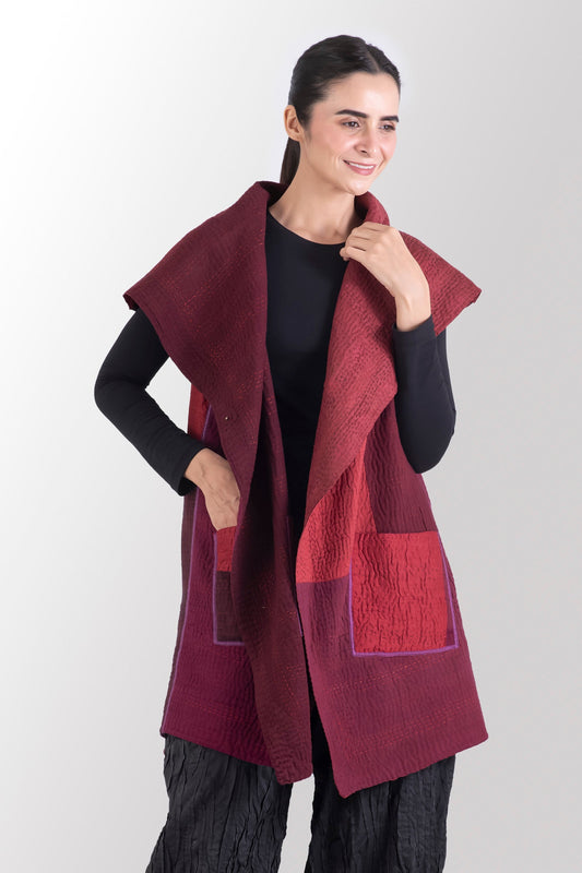 JAIPUR PATCH KANTHA CIRCULAR VEST - jp4201-red -