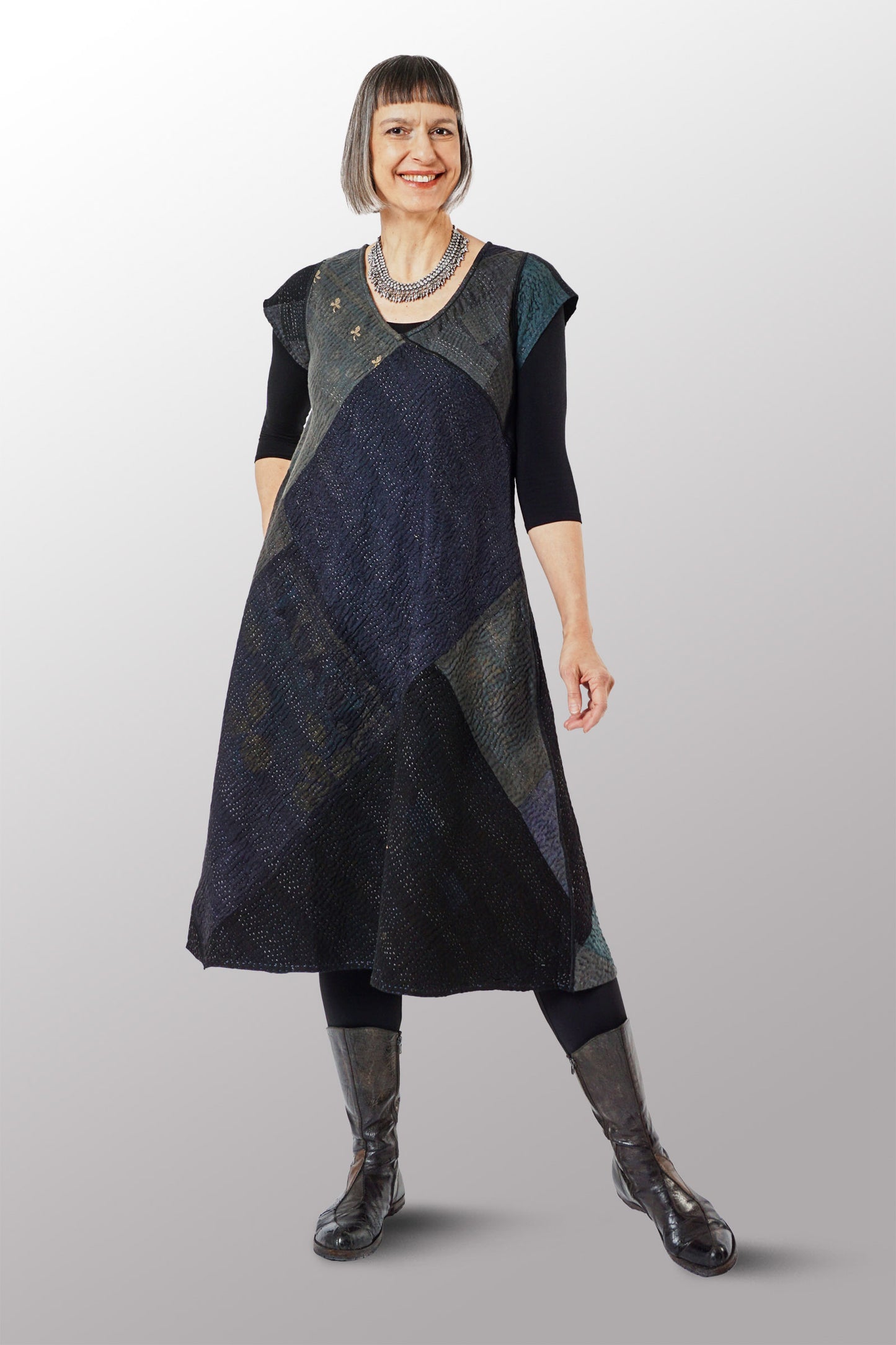 JAIPUR PATCH KANTHA CAP SLV. SEMI FLARE DRESS - jp4452-blk -