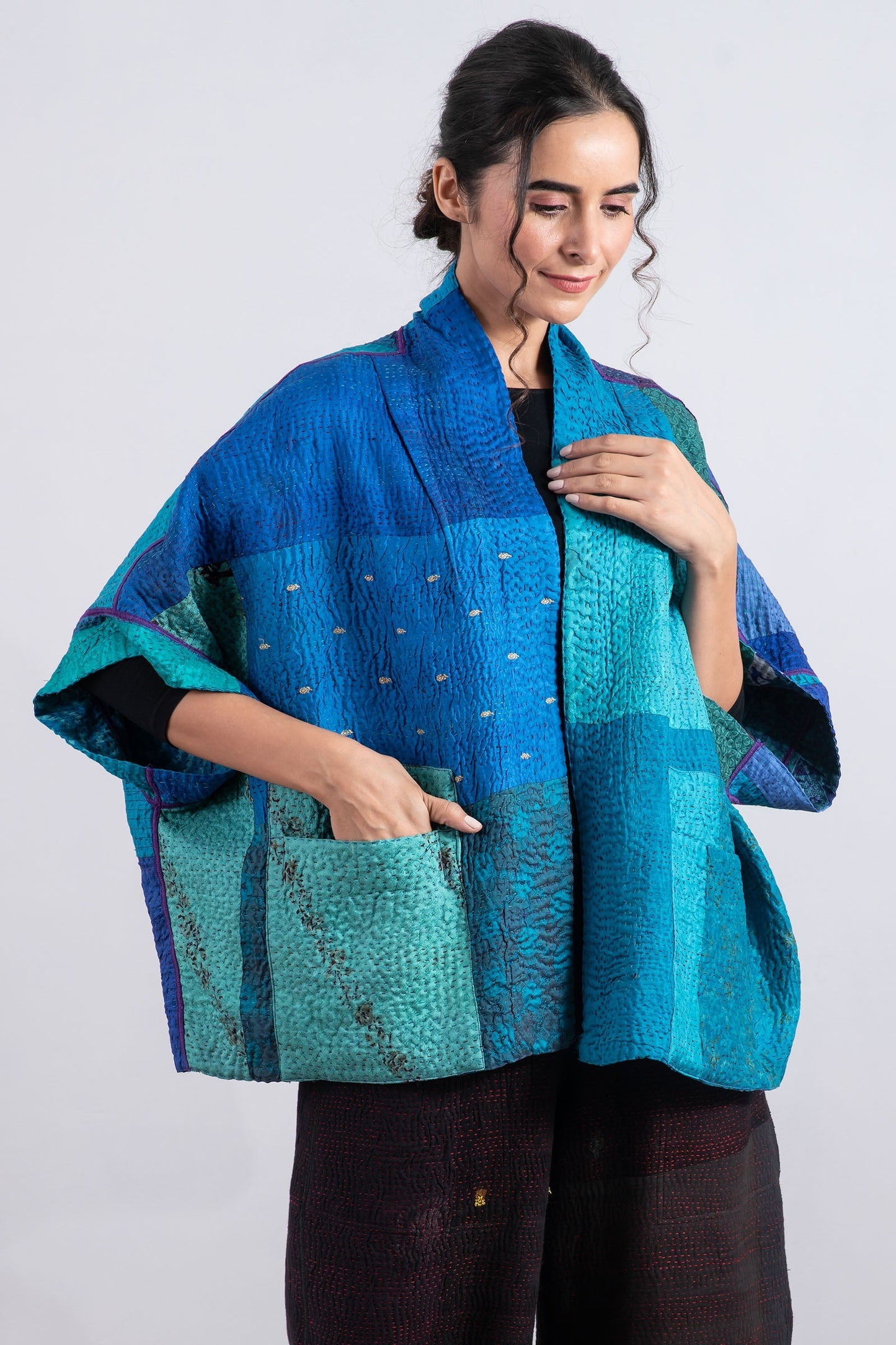 JACQUARD SILK KANTHA MINI PONCHO - js4060-blu -