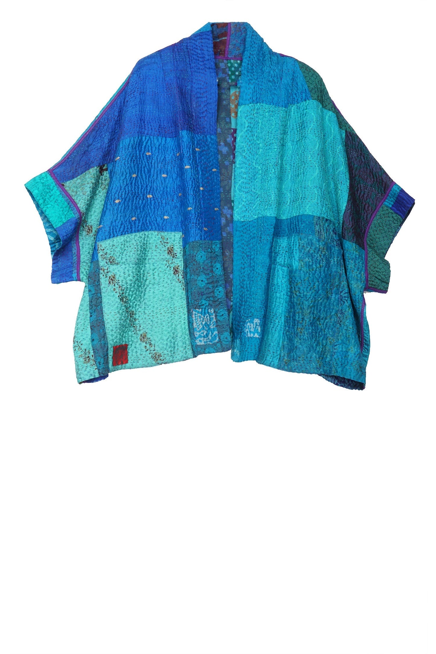 JACQUARD SILK KANTHA MINI PONCHO - js4060-blu -