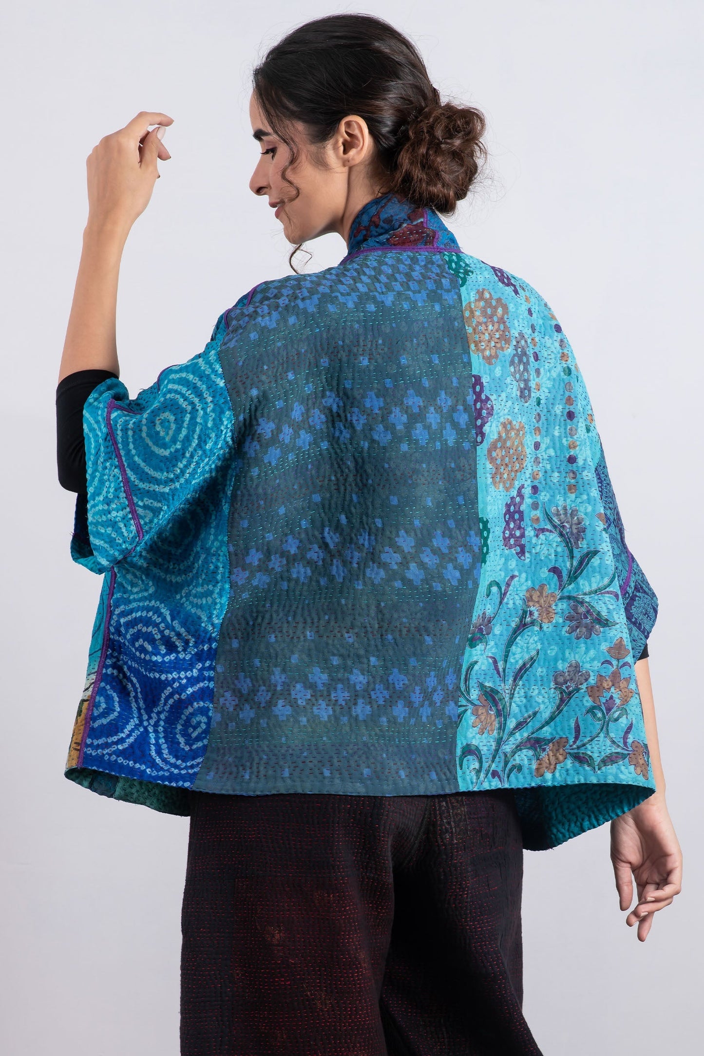 JACQUARD SILK KANTHA MINI PONCHO - js4060-blu -