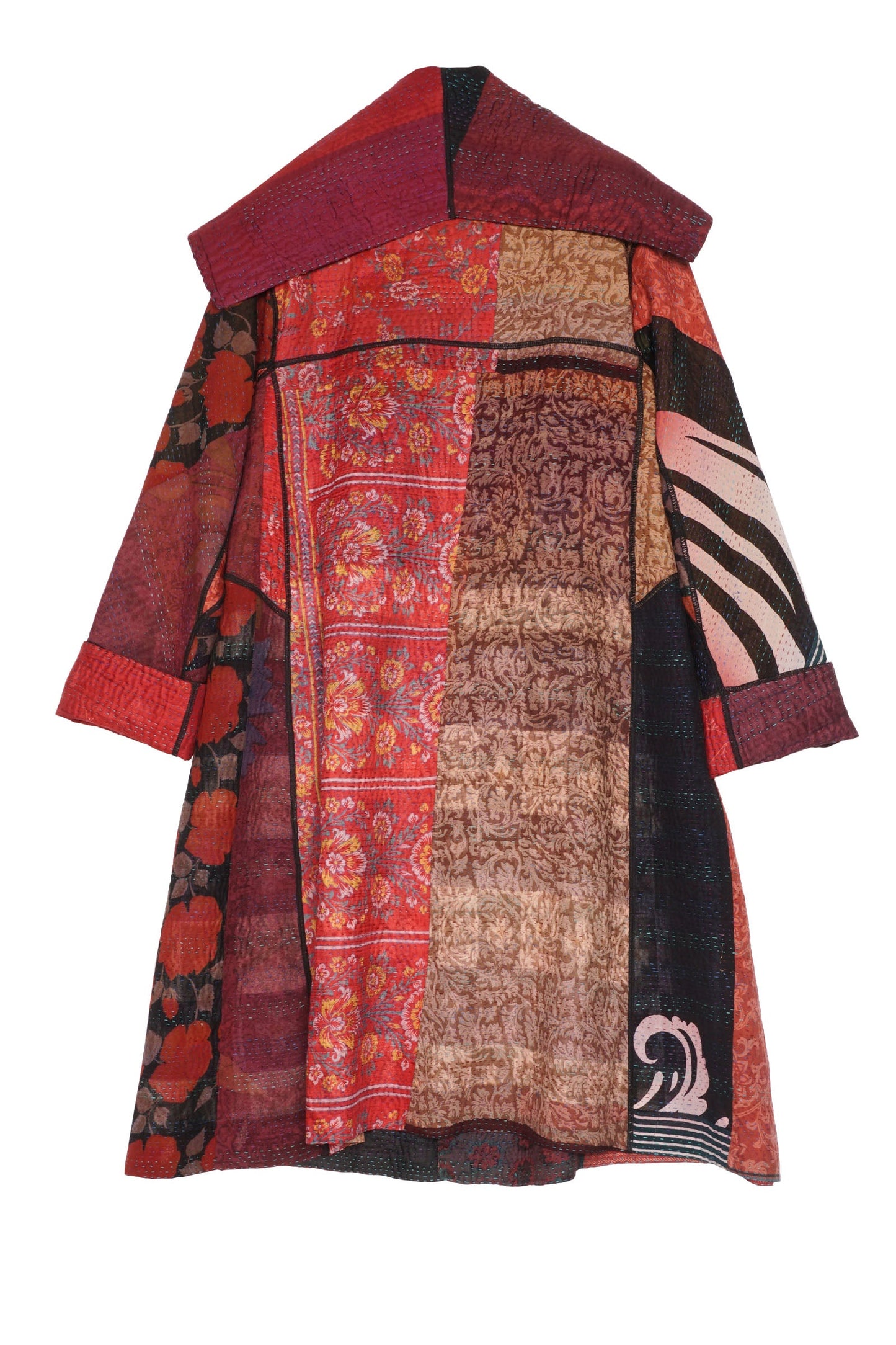 JACQUARD SILK KANTHA A-LINE COAT - js4309-brn -