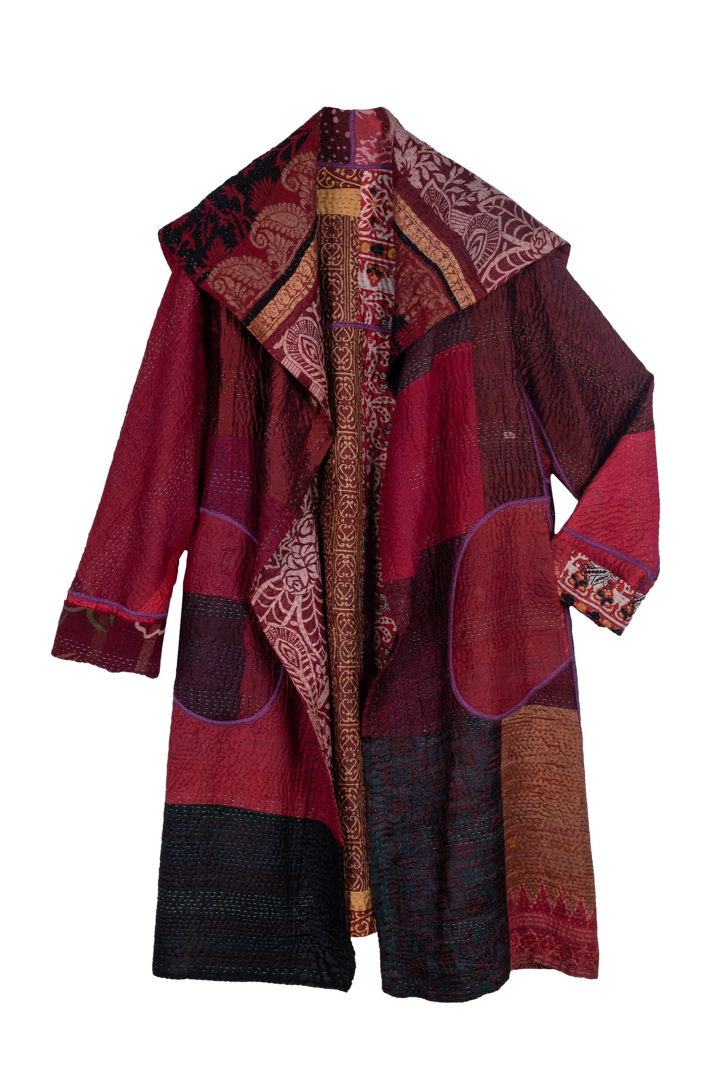 JACQUARD SILK KANTHA A-LINE COAT - js4309-brn -