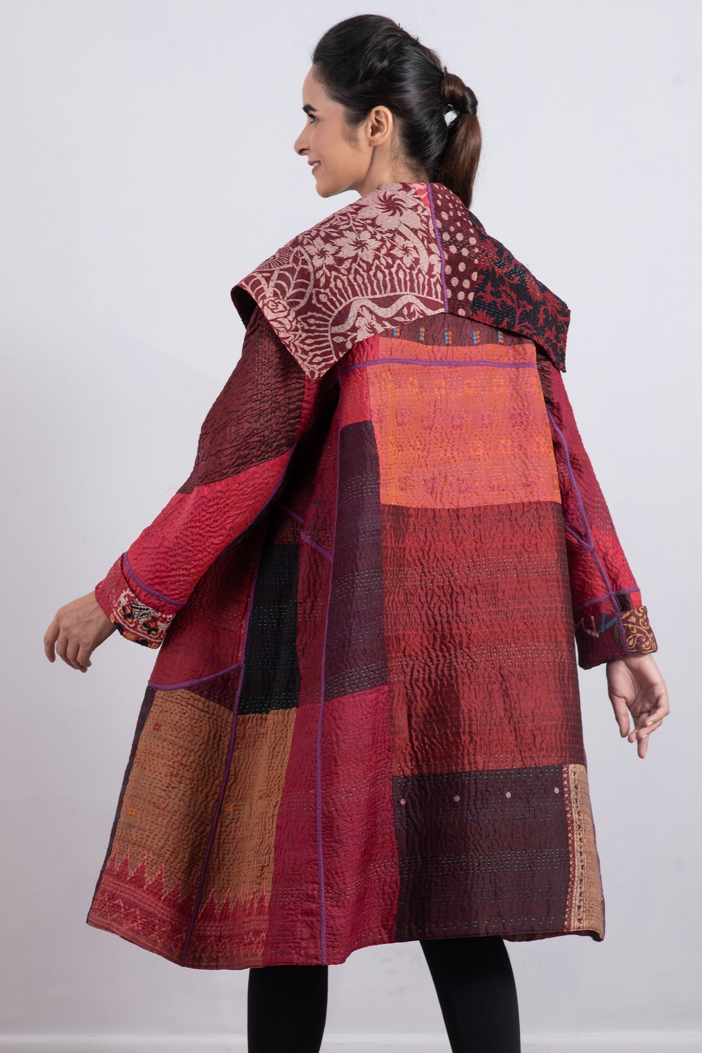 JACQUARD SILK KANTHA A-LINE COAT - js4309-brn -