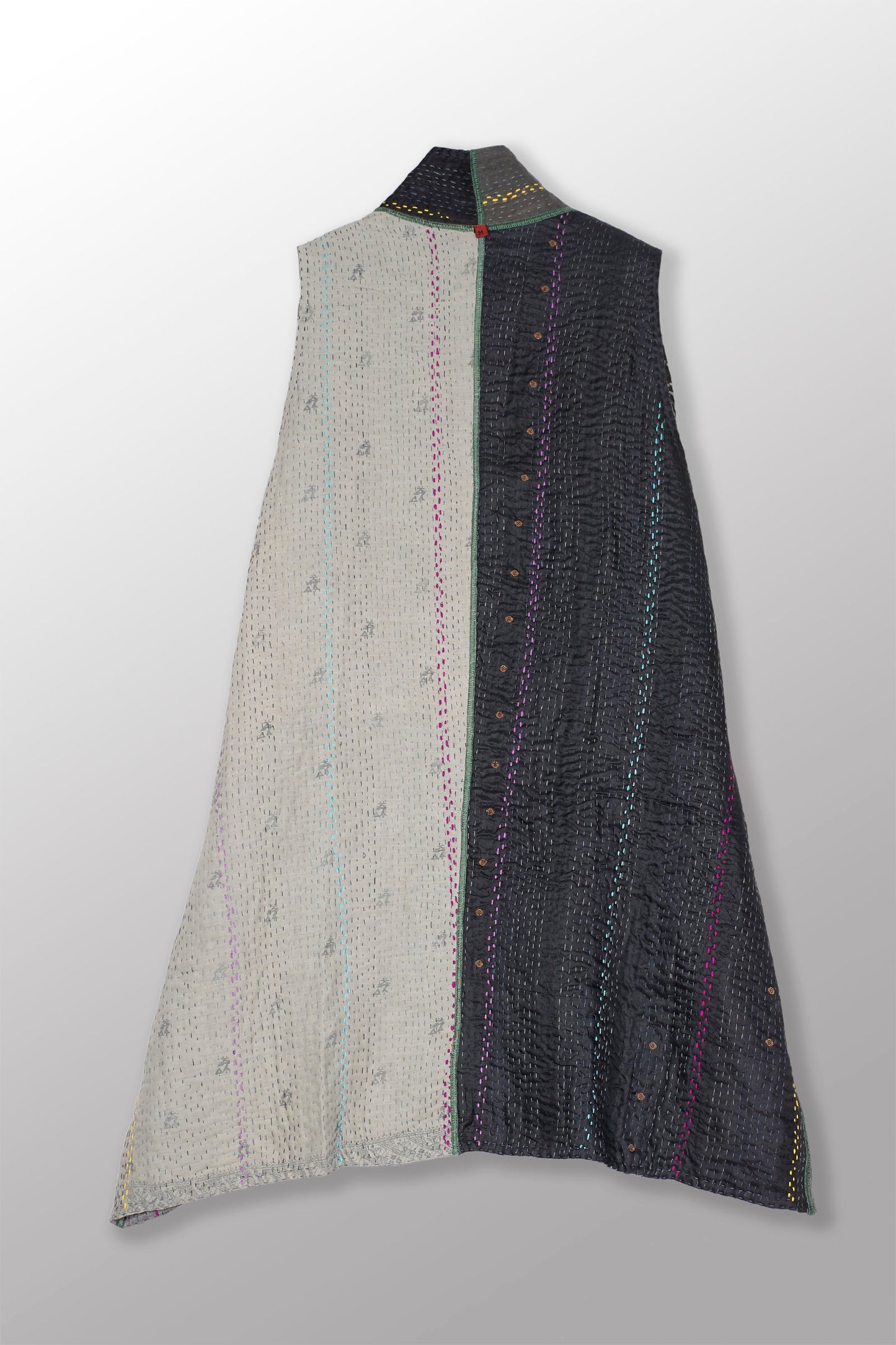 JEWEL WOVEN WITH VERTICAL PATCH KANTHA KIMONO VEST - jv4247-gry -