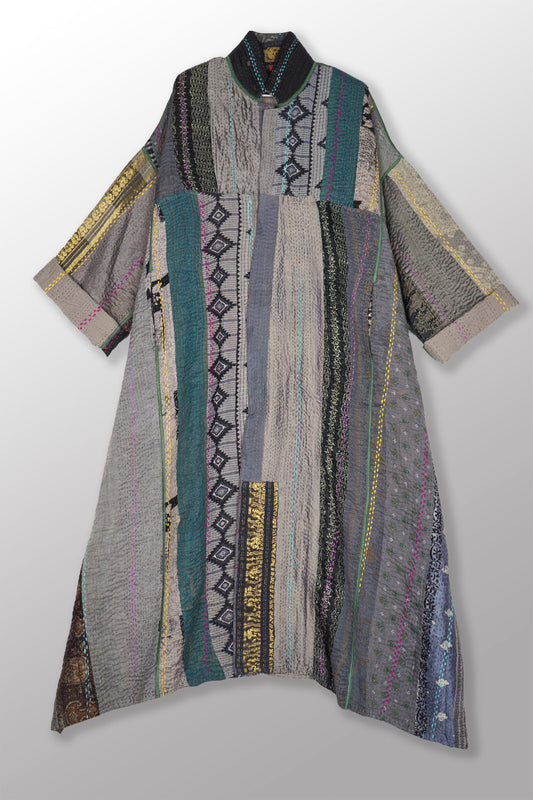 JEWEL WOVEN WITH VERTICAL PATCH KANTHA OVERSIZED COAT - jv4326-gry -