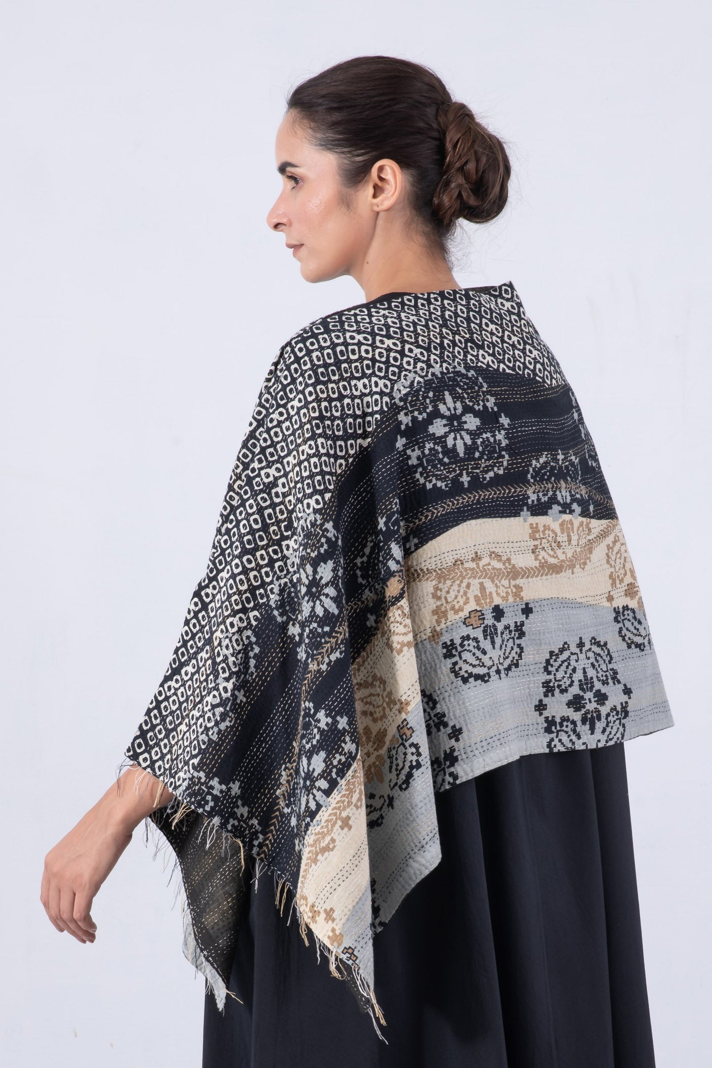 KIMONO COTTON KANTHA WIDE CAPE - kc2813-blk -