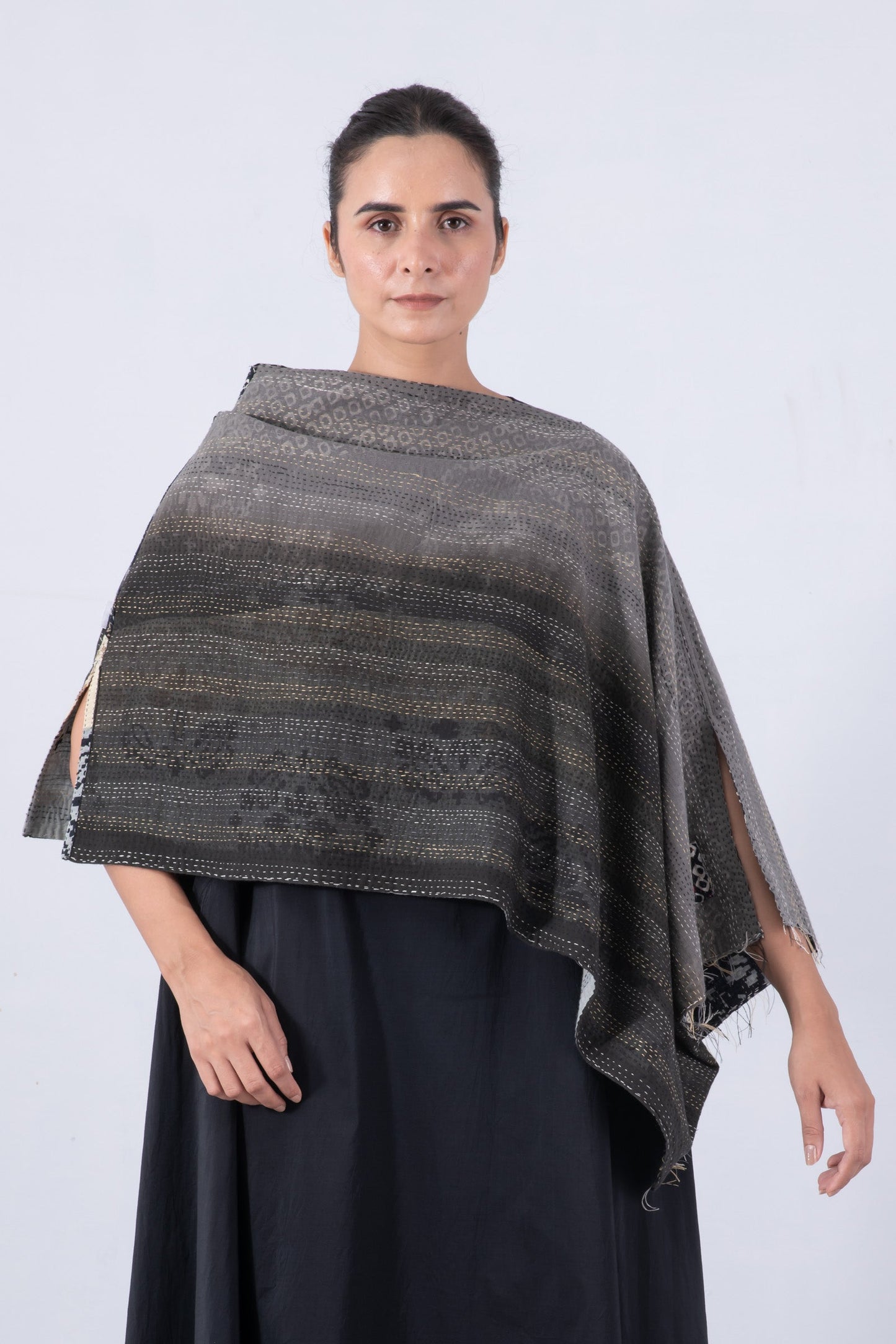 KIMONO COTTON KANTHA WIDE CAPE - kc2813-blk -