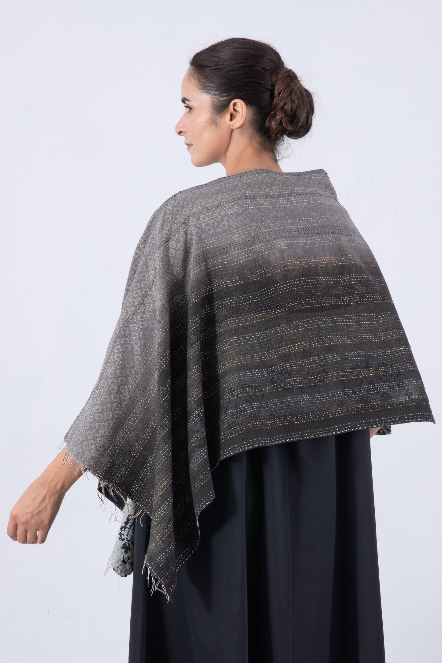 KIMONO COTTON KANTHA WIDE CAPE - kc2813-blk -