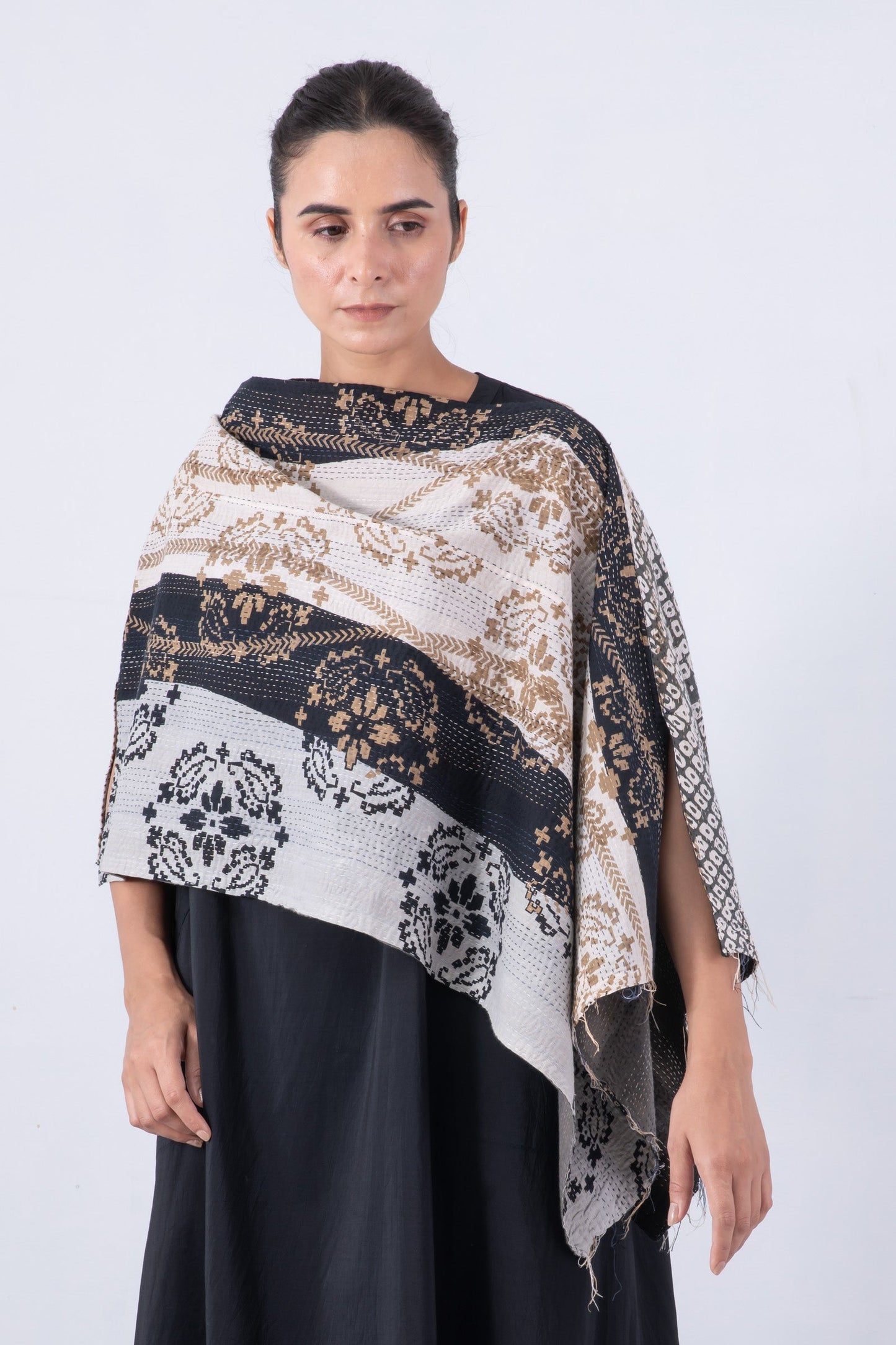 KIMONO COTTON KANTHA WIDE CAPE - kc2813-gry -