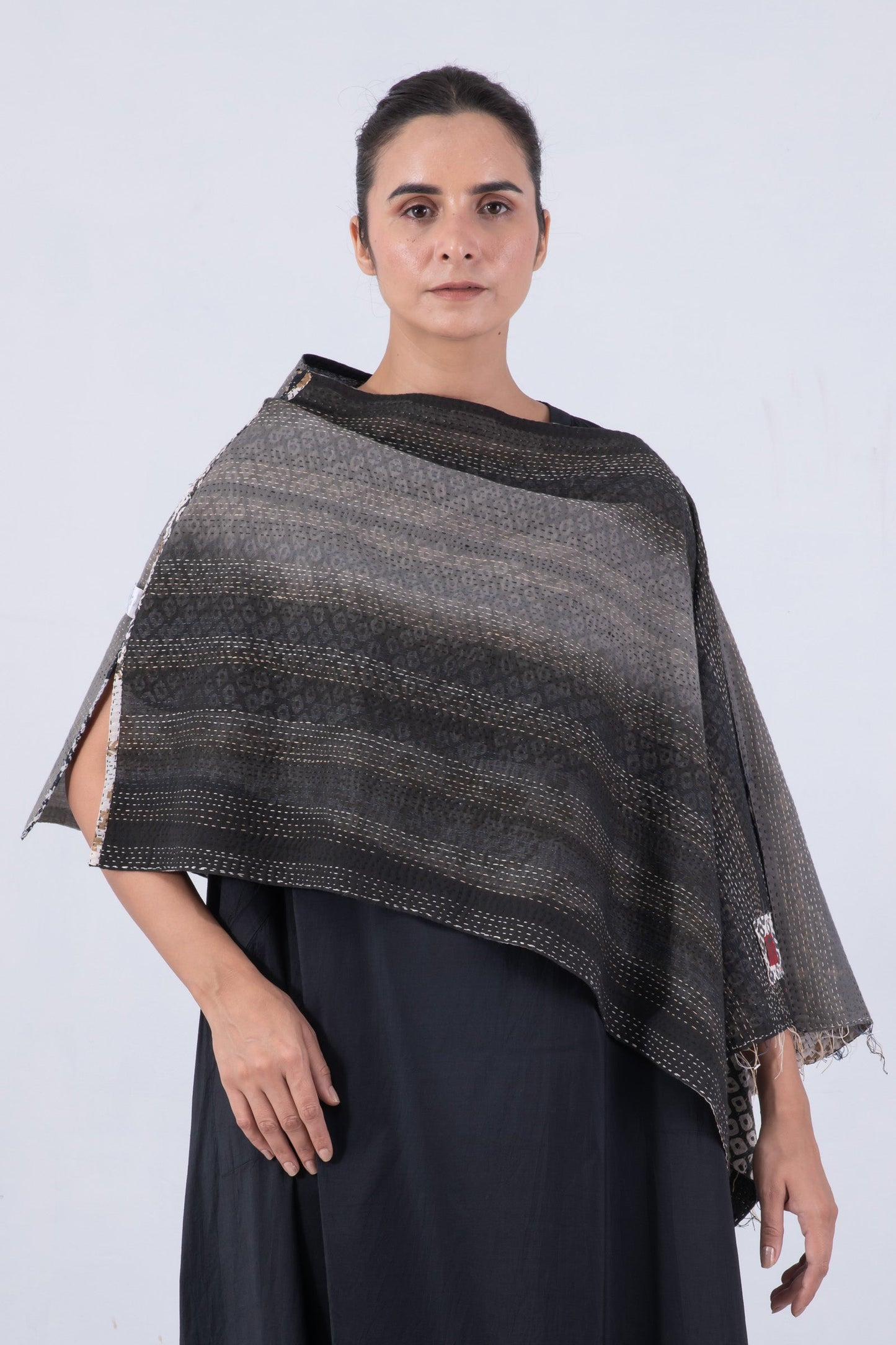 KIMONO COTTON KANTHA WIDE CAPE - kc2813-gry -