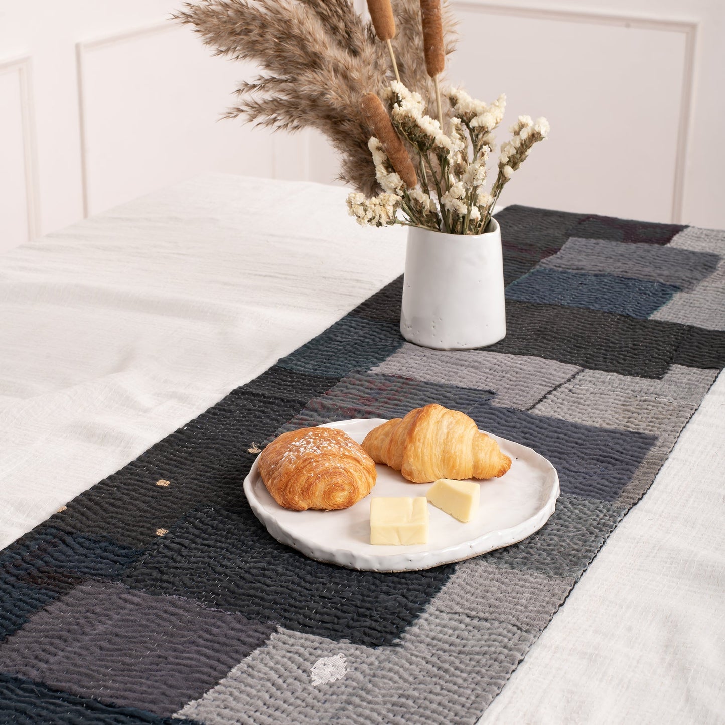 Landscape Fray Patch vintage Kantha Runner - Black