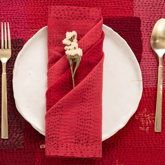 Landscape Handmade vintage Kantha Napkin - Red (set of 2)