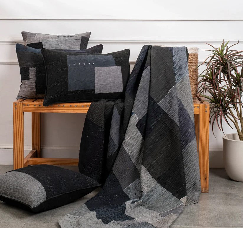 Landscape  Fray patch Handmade vintage Kantha  quilt - Black