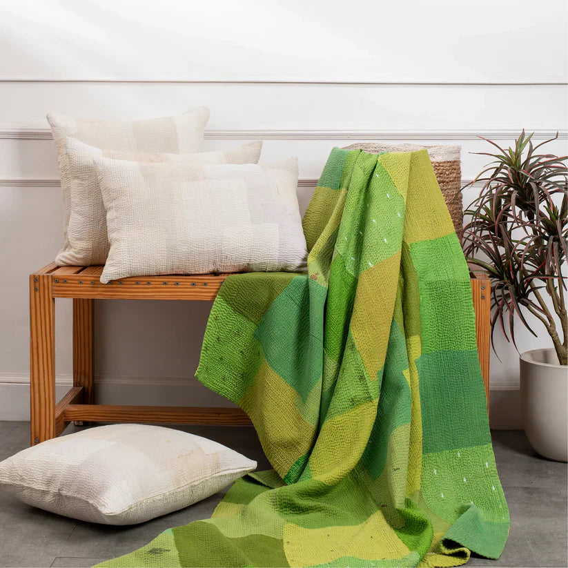 Mosaic Fray Patch Vintage Kantha Throw -Lime Green