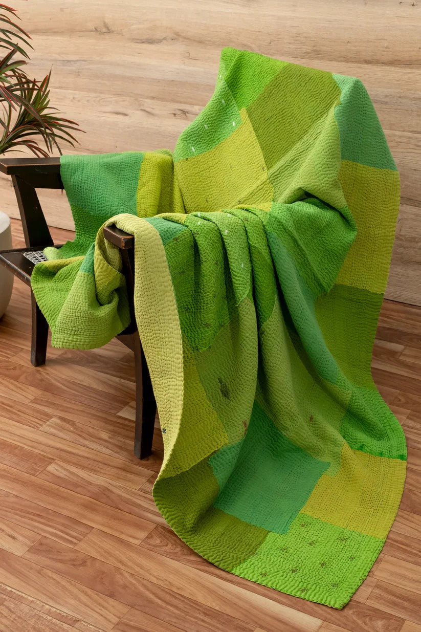 Mosaic Fray Patch Vintage Kantha Throw -Lime Green