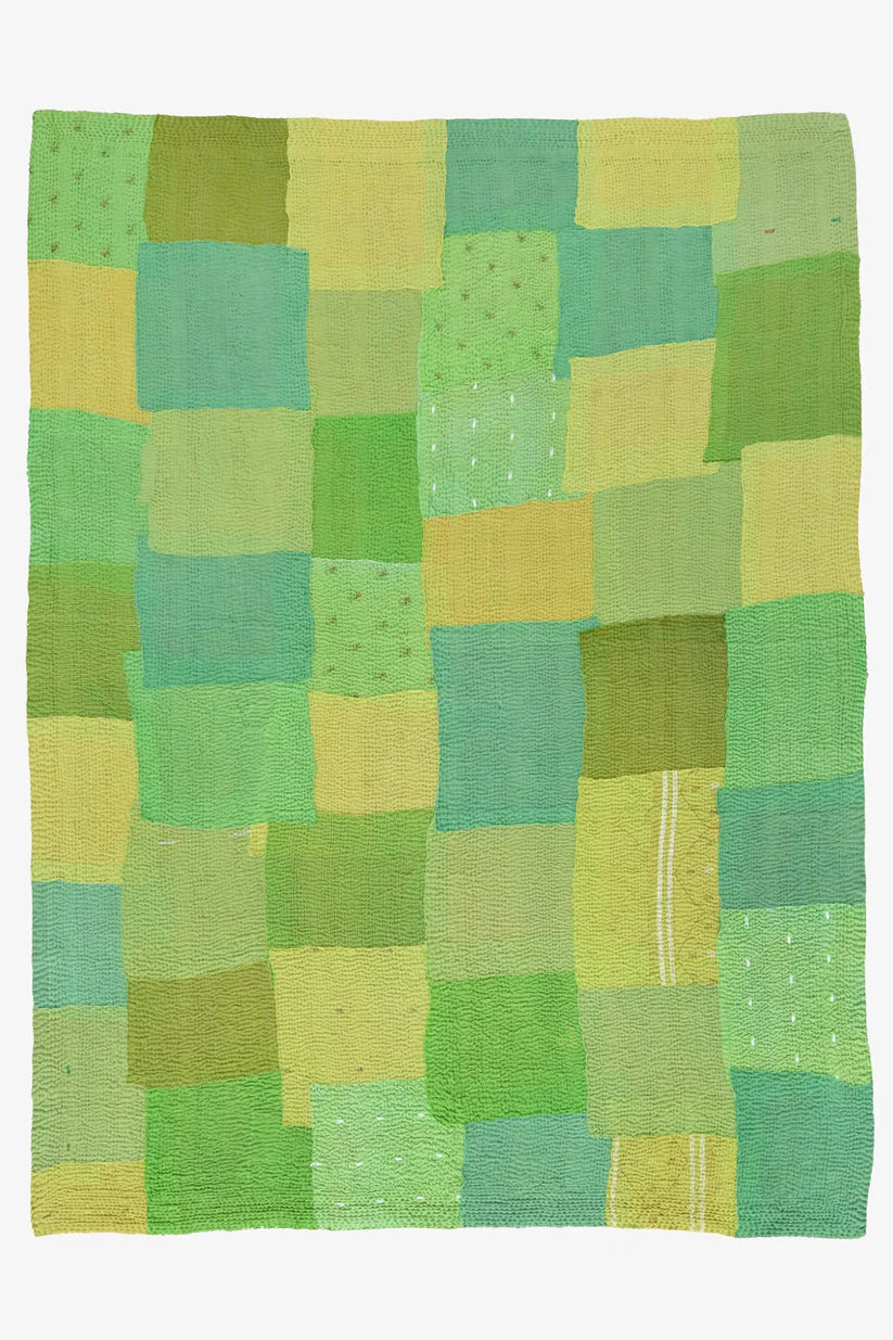 Mosaic Fray Patch Vintage Kantha Throw -Lime Green
