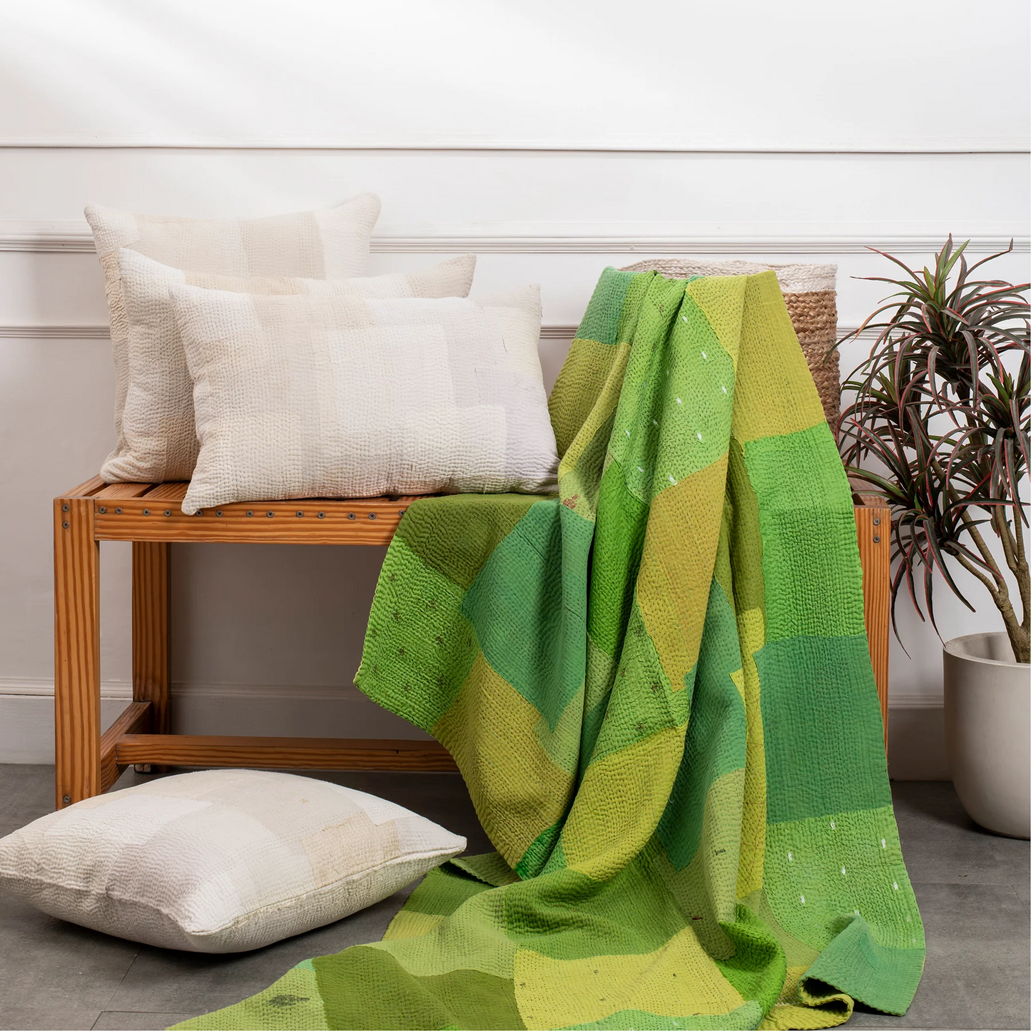 Mosaic Fray Handmade Vintage Kantha Throw -Lime Green -