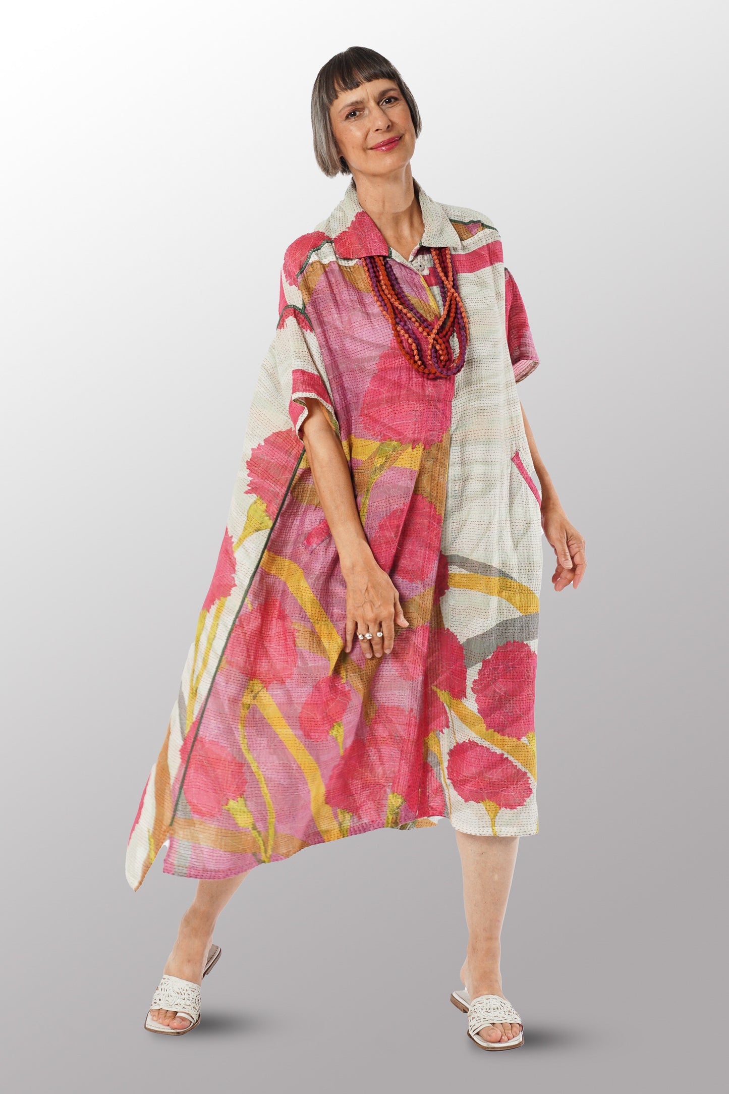 MARIGOLD PRINT KANTHA WING COLLAR DRESS - mg2454-pik -