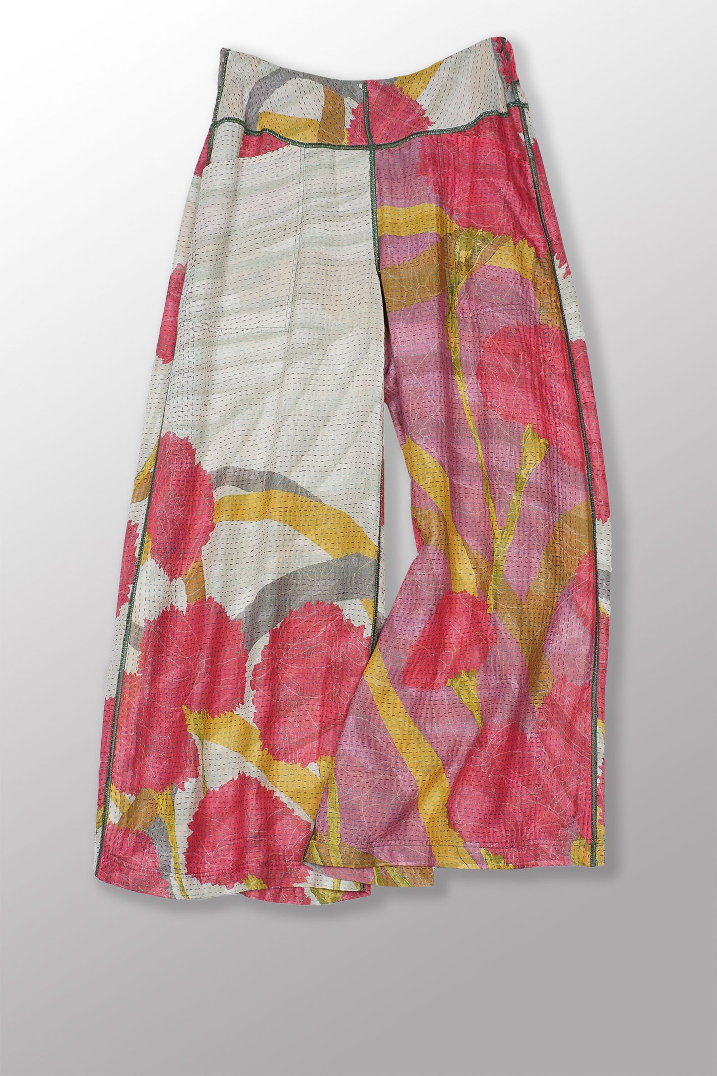 MARIGOLD PRINT KANTHA MID RISE WIDE LEG PANTS - mg2665-pik -