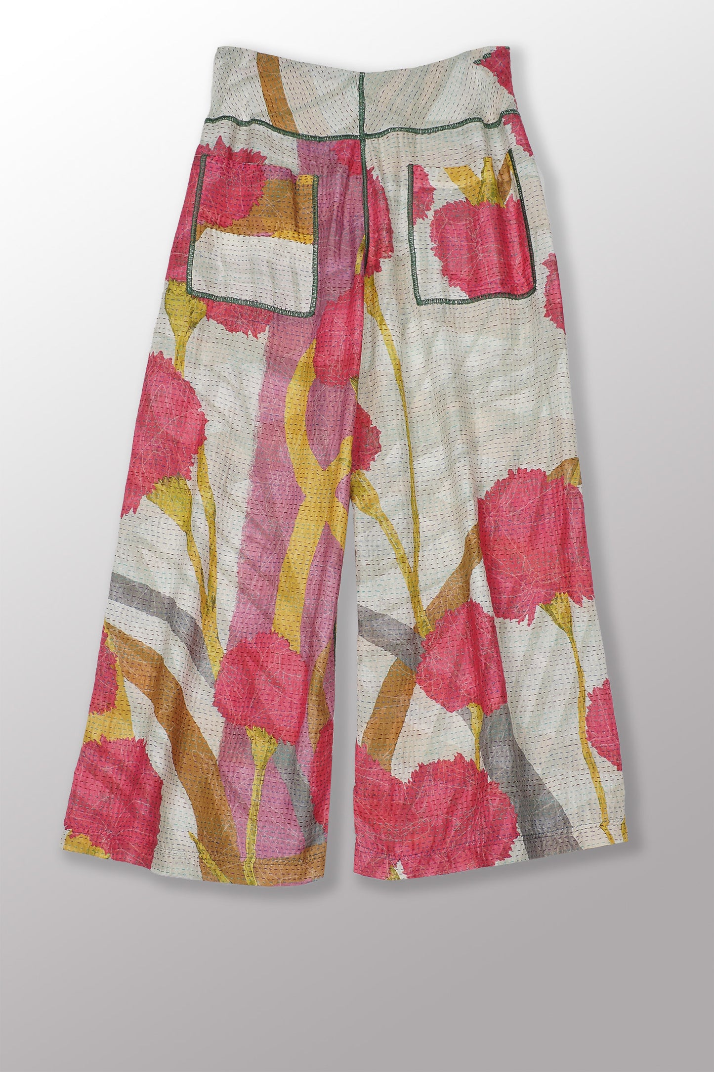 MARIGOLD PRINT KANTHA MID RISE WIDE LEG PANTS - mg2665-pik -