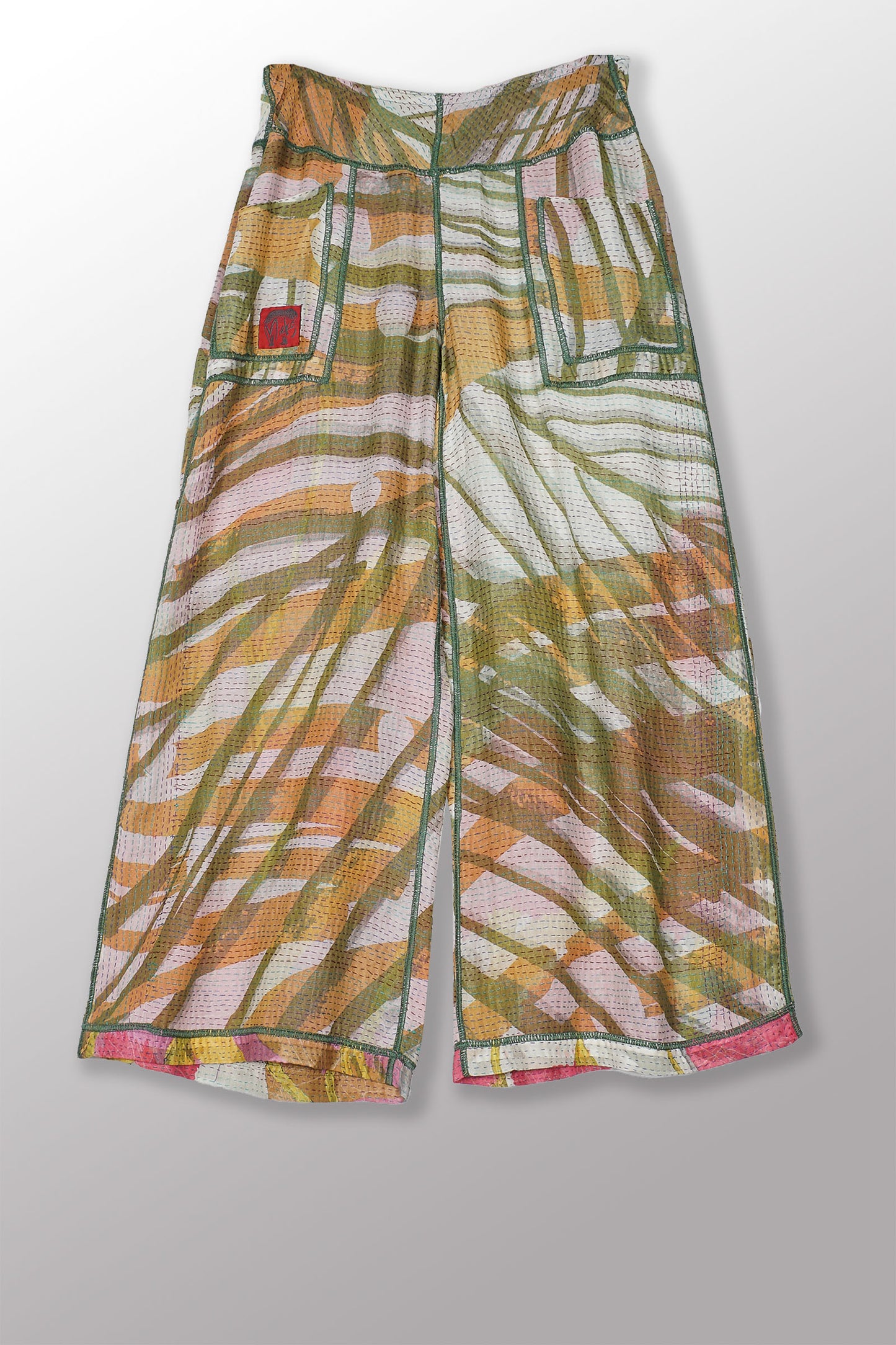 MARIGOLD PRINT KANTHA MID RISE WIDE LEG PANTS - mg2665-pik -