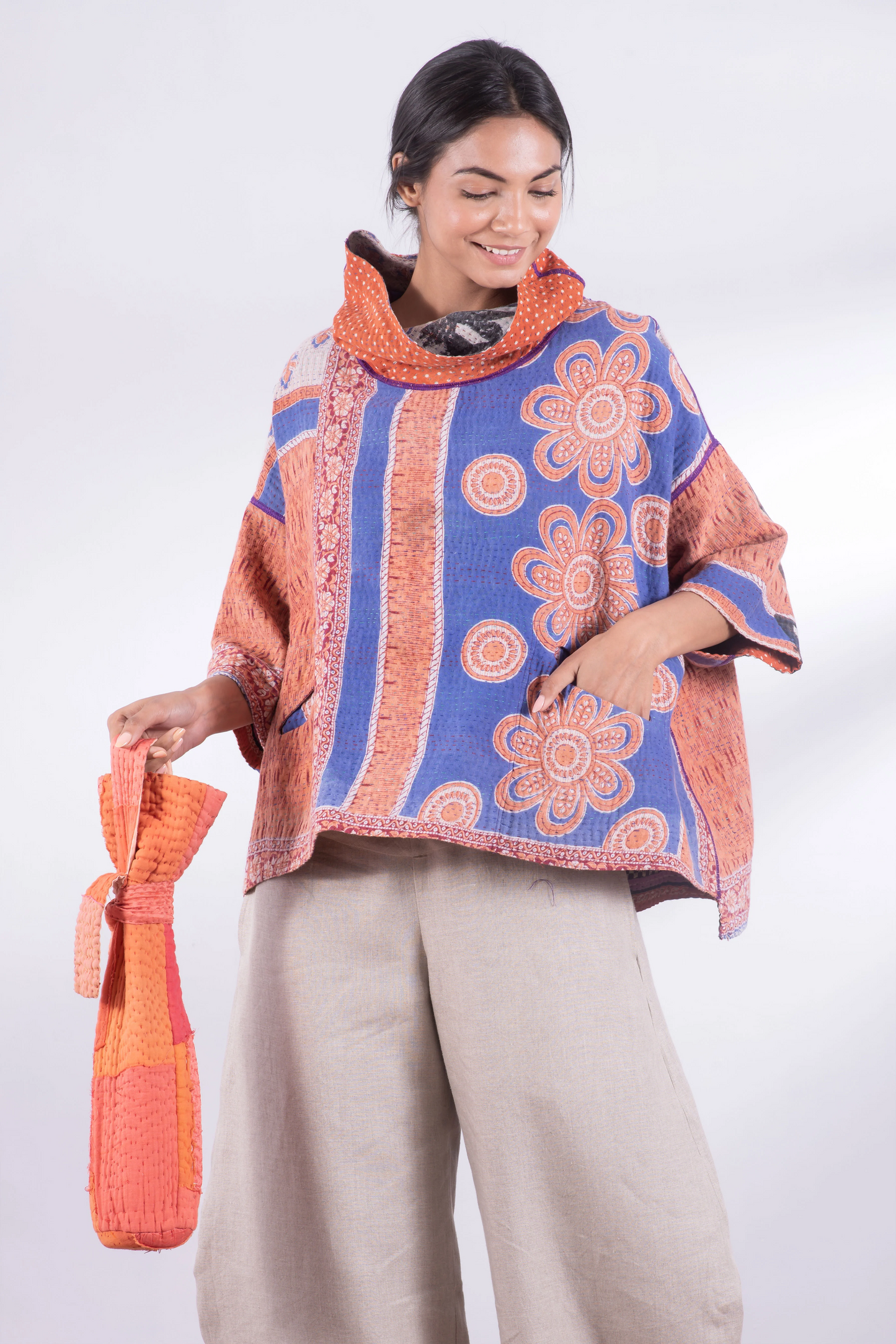 Mosaic Fray Handmade Vintage Kantha Wine Bag -Carrot-