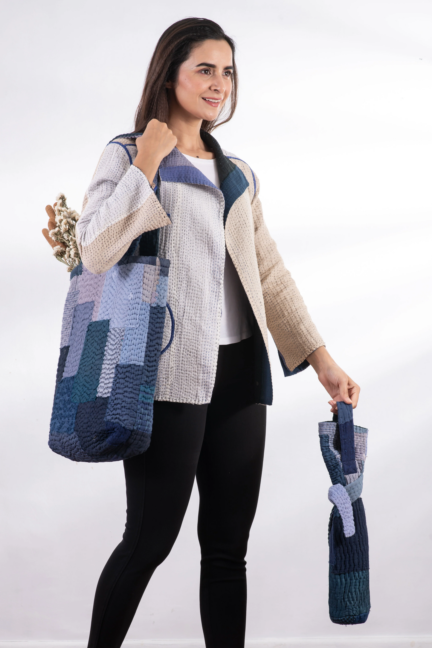 Landscape Handmade Vintage Kantha Wine Bag -Navy -