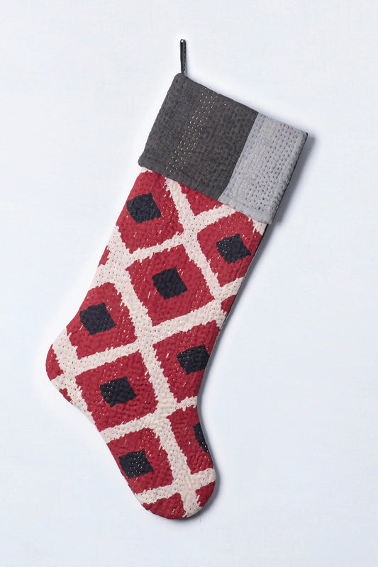 Monotone Ikat Handmade Vintage Kantha Holiday Stocking -Red -