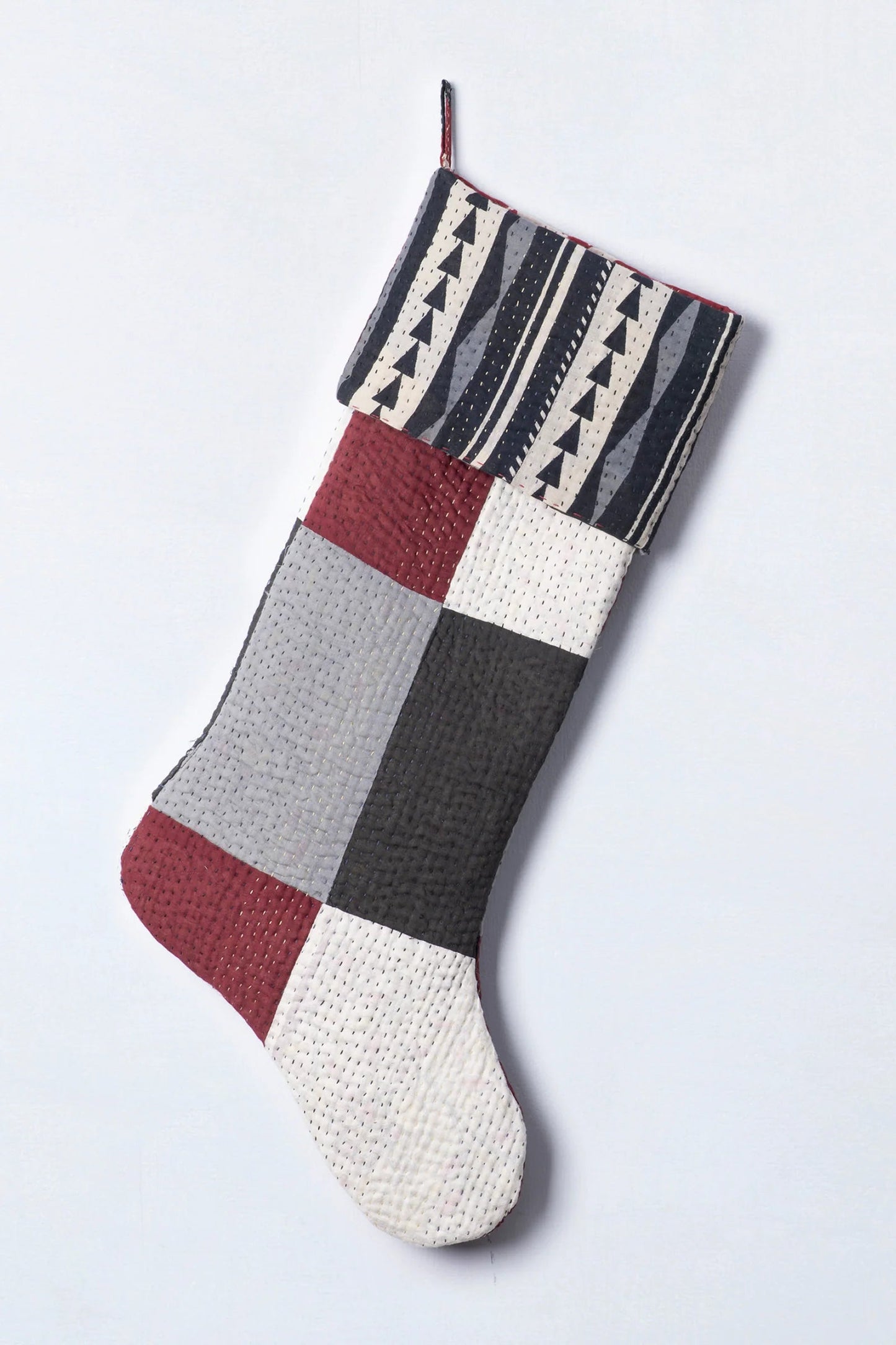 Monotone Ikat Handmade Vintage Kantha Holiday Stocking -Red -