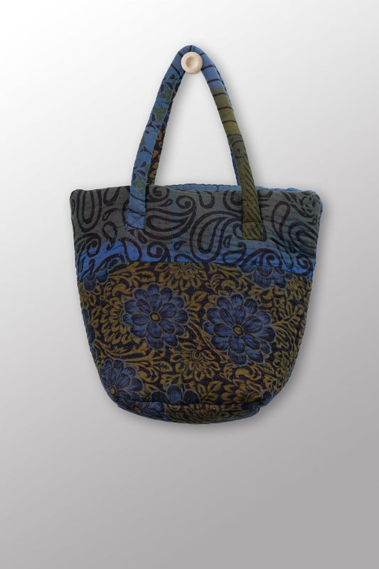 Quilted Over Dye Cotton Kantha Bucket Tote - mm-oq5867-cblu008a -