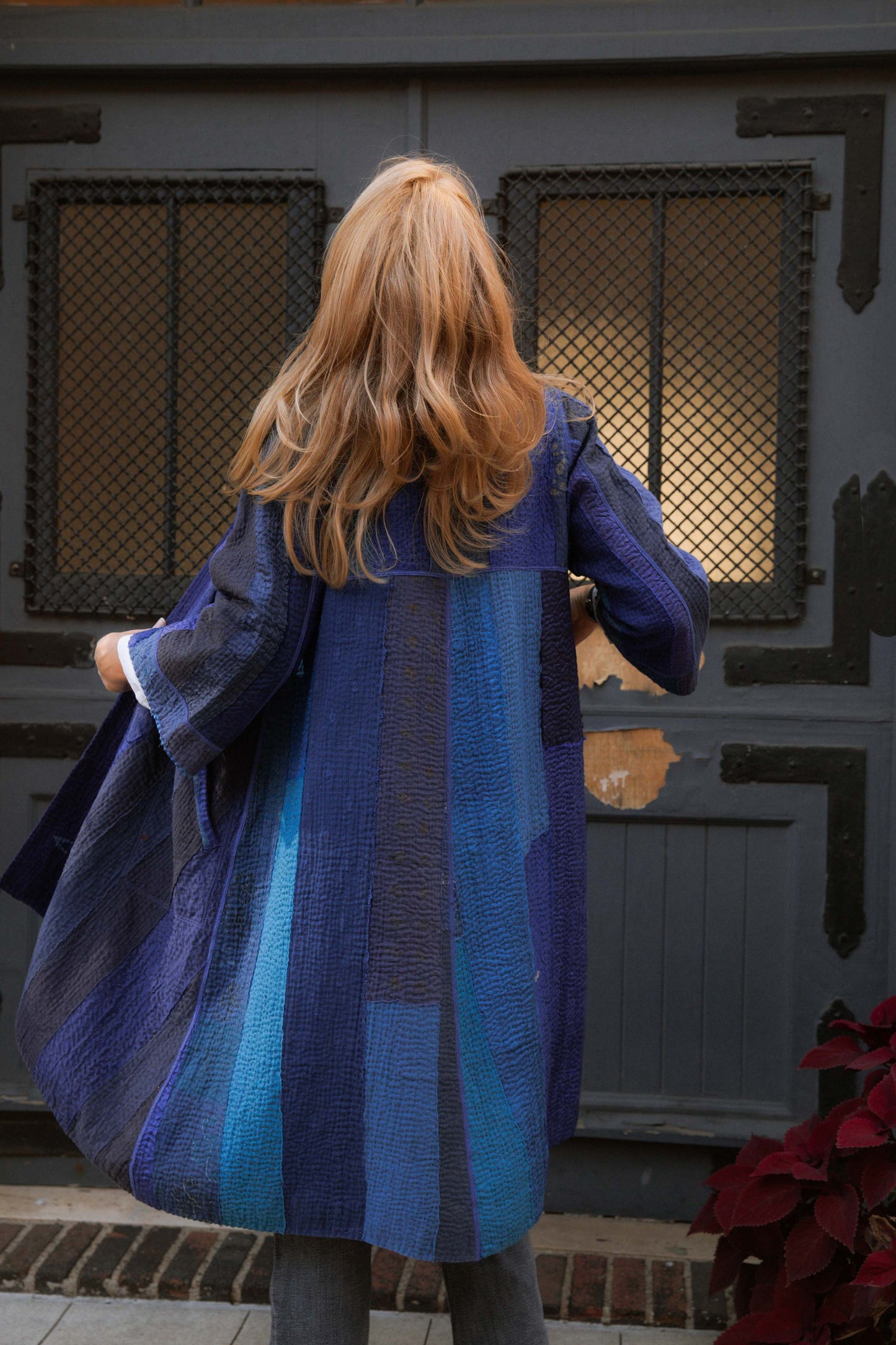 STRIPE AND CHECK COTTON SILK PATCH KANTHA  WRAP FLARE COAT - ss4330-blu -