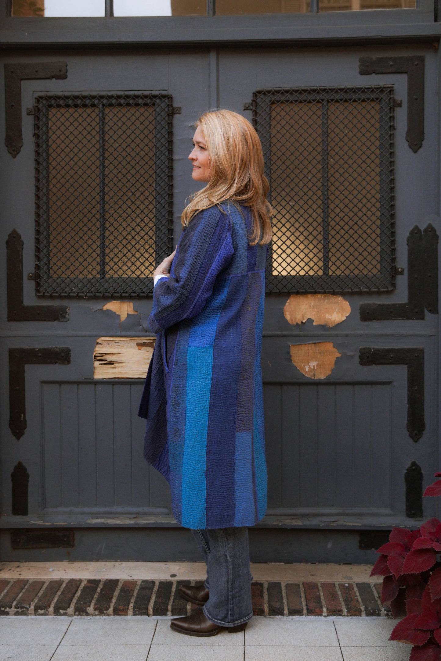 STRIPE AND CHECK COTTON SILK PATCH KANTHA  WRAP FLARE COAT - ss4330-blu -
