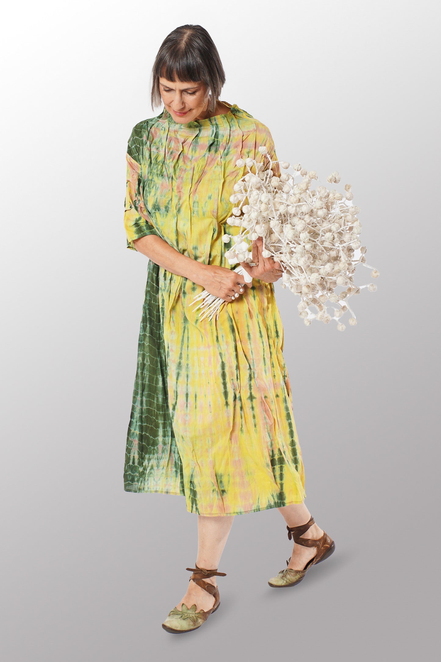 MONE SHIBORI TIE DYE FUNNEL NECK DRESS - ms1455-grn -