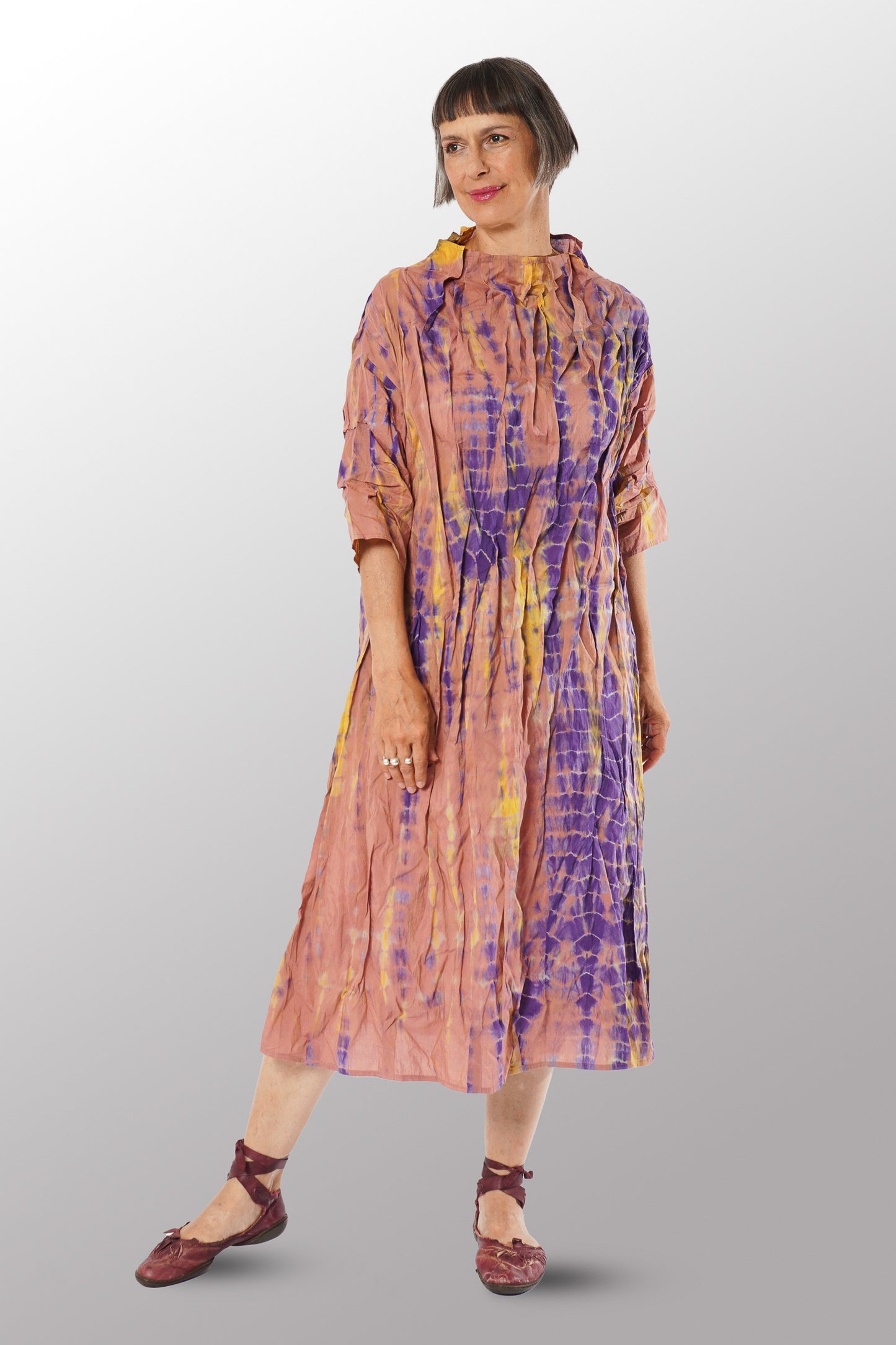 MONE SHIBORI TIE DYE FUNNEL NECK DRESS - ms1455-prp -