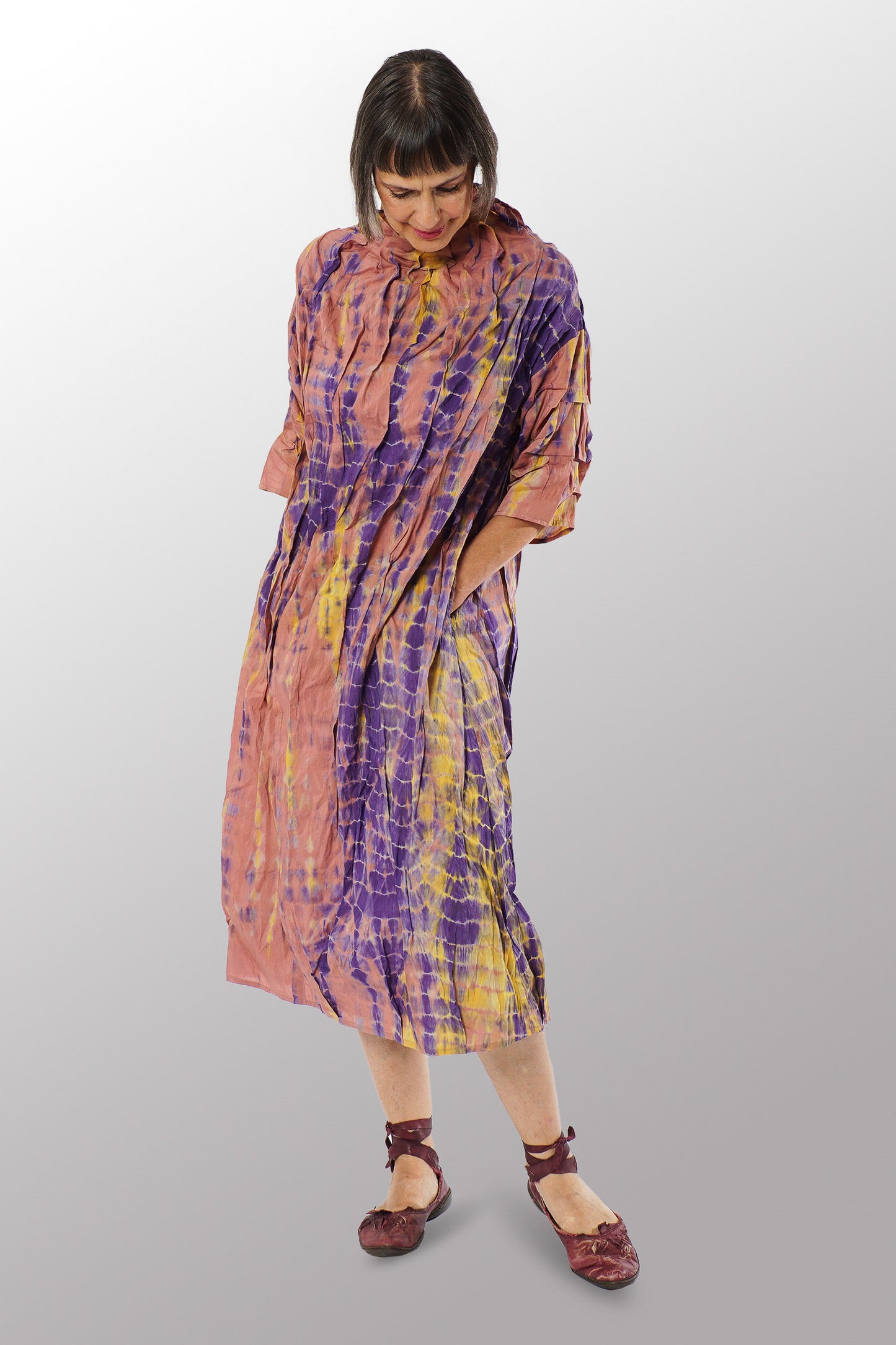 MONE SHIBORI TIE DYE FUNNEL NECK DRESS - ms1455-prp -