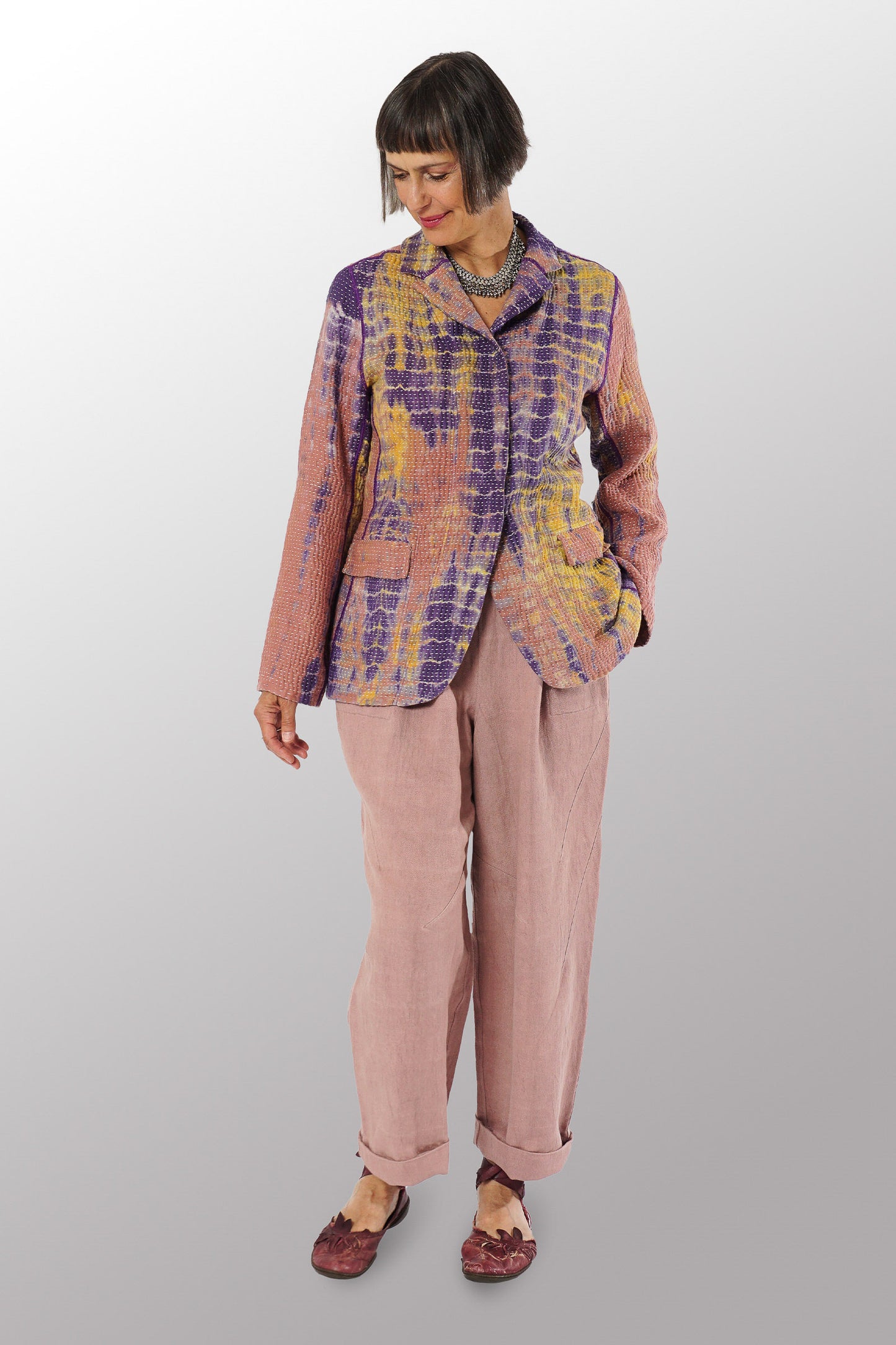 MONE SHIBORI TIE DYE KANTHA BASIC JACKET - ms5052-prp -