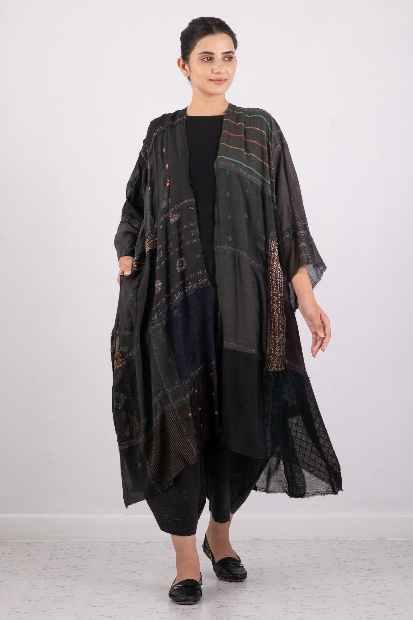 MOSAIC TILE PATCH KANTHA KIMONO MAXI - mt1318-blk -