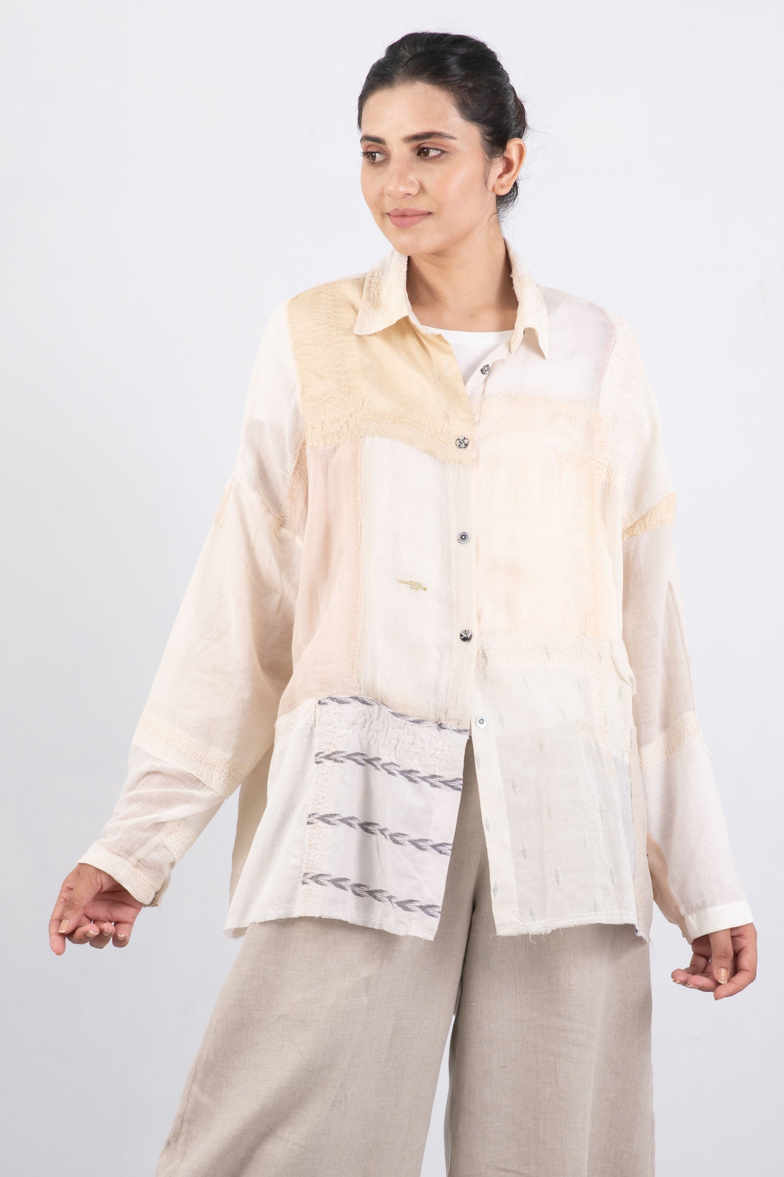 Mieko Mintz Patch sold Button Front Lightweight Top Cream (One Size)